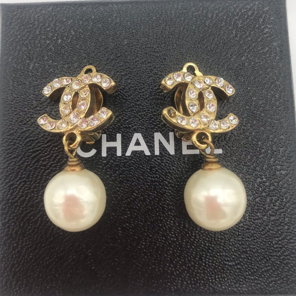 CHANEL Jewelry - Chanel Pearl Rhinestone Drop Dangle Earrings CC